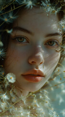 portrait of a beautiful young woman, girl with freckles, green eyes walking in dandelion field at sunset. Summer season. Awesome people