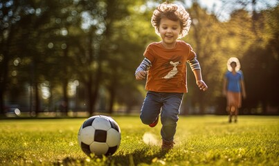 Young Boy Sprinting Towards a Soccer Ball