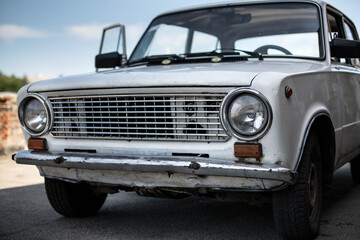 Retro auto.  White Lada 2101. Sunny summer day.