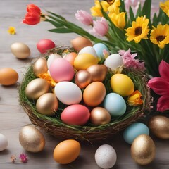 Happy Easter. Congratulatory easter background. Easter eggs and flowers