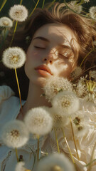 portrait of a beautiful young woman, girl with freckles, green eyes walking in dandelion field at sunset. Summer season. Awesome people