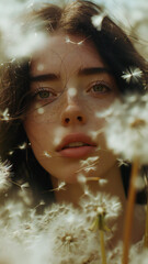 portrait of a beautiful young woman, girl with freckles, green eyes walking in dandelion field at sunset. Summer season. Awesome people