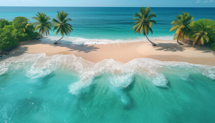 Fototapeta na wymiar Aerial drone view of tropical beach with palm trees and clear turquoise ocean,generative ai