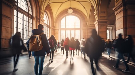 Motion blur of students in bustling university campus, crowded pathway to college classes.