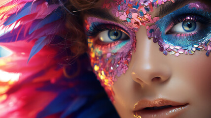 portrait of a woman in carnival mask. Rainbow face of young fun lady with colorful eyes, blue, purple, red. Creative glowing make up