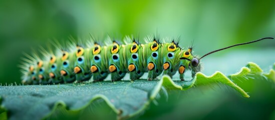 A caterpillar, an insect and a pollinator, is crawling on a green leaf, a terrestrial plant. It belongs to the arthropod family and later transforms into moths or butterflies.
