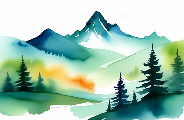 Watercolor postcard with a mountain landscape