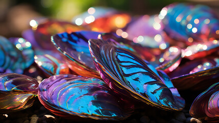 Close up of blue, pink, rainbow sea shells. Glowing texture. Creative art background