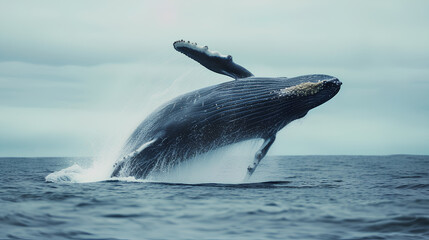 A humpback whale is jumping out of the water. - obrazy, fototapety, plakaty