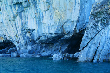 Fototapeta na wymiar Blue Marble caves or Cuevas de Marmol at General Cerrerra Lake. Location Puerto Sanchez, Chile.