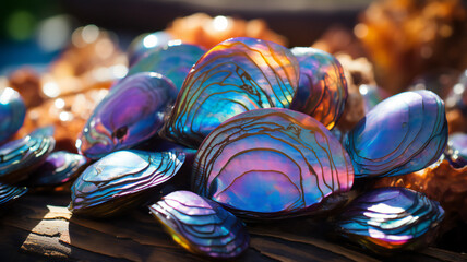 Close up of blue, pink, rainbow sea shells. Glowing texture. Creative art background
