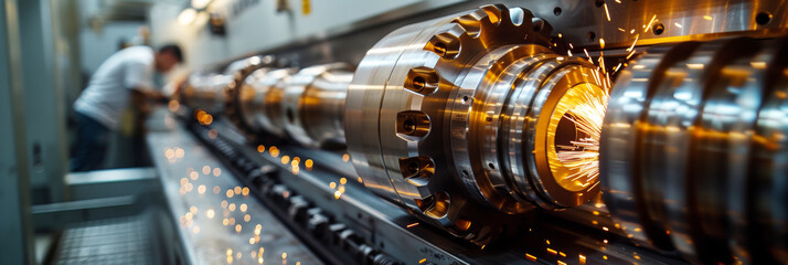 Precision Work on Industrial Lathe.
Worker performing precision tasks on lathe.