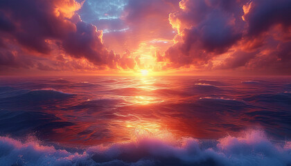 Beautiful sunset at sea and dramatic clouds on background, generative ai. - obrazy, fototapety, plakaty