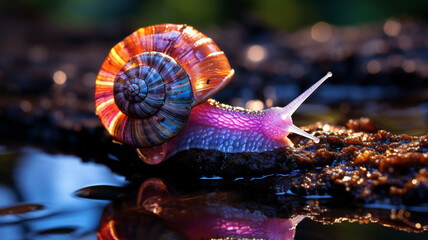 Close up of a rainbow, glowing snail on a leaf, shell on a black background against bokeh