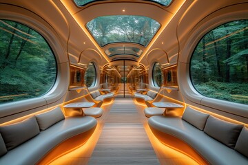 Interior of a futuristic luxury train carriage passing through a forest.  Intérieur d'un wagon de train futuriste et luxueux passant dans une forêt.