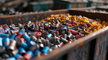 Batteries and batteries at a waste recycling plant. Proper disposal. - obrazy, fototapety, plakaty