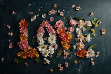 Flowers and plants forming the word "LOVE" on a dark background. Fleurs et plantes formant le mot "LOVE" sur un fond sombre.