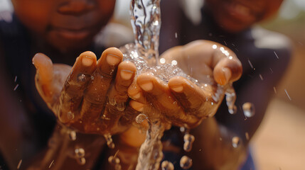Children in Africa are drawn to drink water to quench their thirst. A village water tap with water in a drought. 