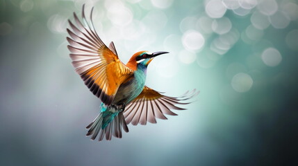 Fototapeta premium resplendent bird, with wings outstretched, captures the essence of freedom as it soars elegantly against a backdrop of soft, defocused light orbs in a tranquil environment