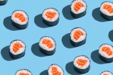 Salmond sushi makis pattern on blue background