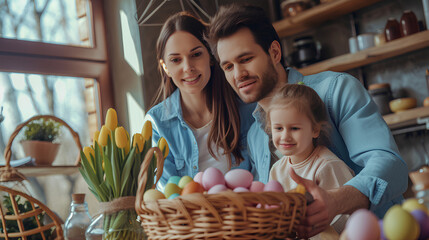 A happy family is preparing for Easter. The concept of Easter.