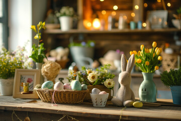 Obraz na płótnie Canvas Rustic wooden table with Easter crafts, painted eggs, and spring decorations, focused lighting to emphasize the handmade details and warm, inviting atmosphere of Easter preparations