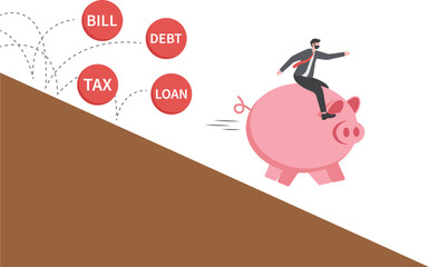 Businessman rides a piggy bank to escape the financial crisis. business debt concept

