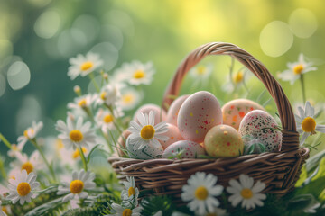 Close-up of a basket filled with decorated Easter eggs, surrounded by blooming spring flowers