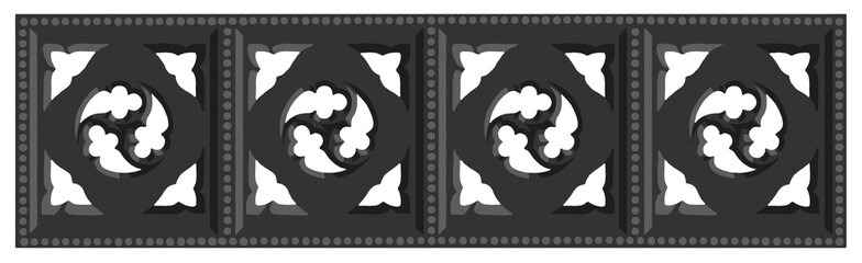 Gothic balustrade stylized drawing. Stone decorated wall illustration. Medieval ornamented railing.