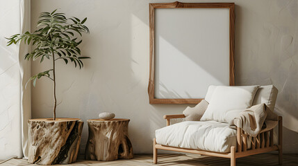 Modern Interior With Rustic Flare And Blank Frame On White Wall