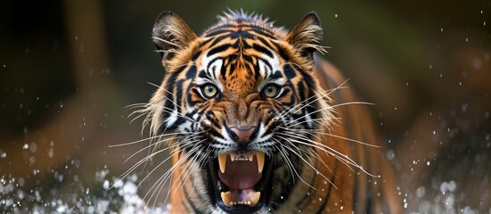 A Bengal tiger, a carnivorous felidae organism and a terrestrial animal, walks through the water with its mouth open, whiskers alert.
