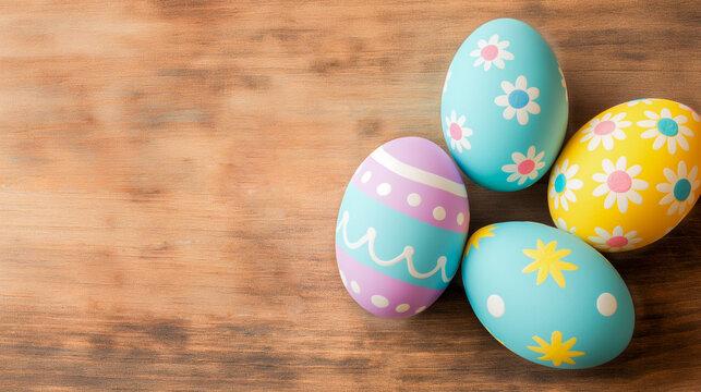 Colored eggs on a wood background. Top view.