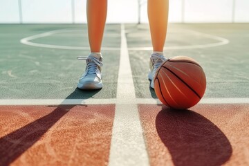 crop anonymous female basketball player standing near ball on marking line in center of court sunny day - Powered by Adobe