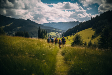 famille ou groupe d'amis, faisant une randonn&eacute;e &agrave; pied en montagne en &eacute;t&eacute;.