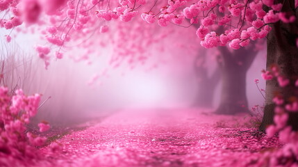 dreamlike path lined with blooming pink cherry blossoms, enveloped in a soft mist, creating a serene and romantic atmosphere