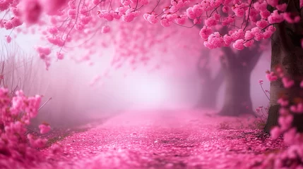 Rolgordijnen dreamlike path lined with blooming pink cherry blossoms, enveloped in a soft mist, creating a serene and romantic atmosphere © weerasak