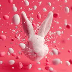 Fototapeta na wymiar white rabbit face and pink easter eggs on a pink back