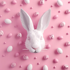 white rabbit face and pink easter eggs on a pink back