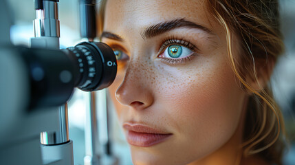 An ophthalmologist checks his eyesight with the help of modern equipment. Doctor's Day. - obrazy, fototapety, plakaty