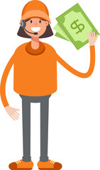 Customer Service Girl Character Holding Dollar Banknotes

