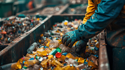 A person is sorting through used batteries for recycling. - obrazy, fototapety, plakaty