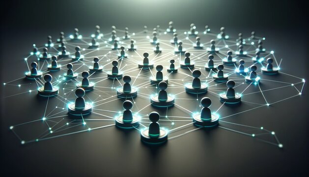 A minimalist 3D network glowing nodes interconnected in a high-tech network representing the complexity and connectivity of professional networking