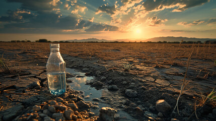 Front view of a bottle of water on the dry ground. Water deficit, sustainable, environment concept. Landscape image. For World Water Day, design, poster, banner, print, flyer - obrazy, fototapety, plakaty