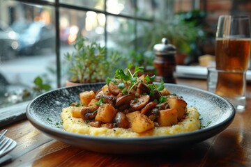 Close-up of wooden table with a plate of polenta and mushroom ragout, garnished with fresh greens and lit by sunlight. Cozy Italian restaurant with large windows overlooking beautiful garden.