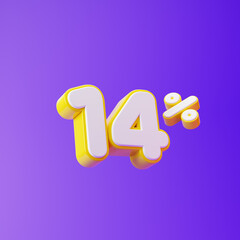 White fourteen percent or 14 % with yellow outline isolated over purple background. 3D rendering.