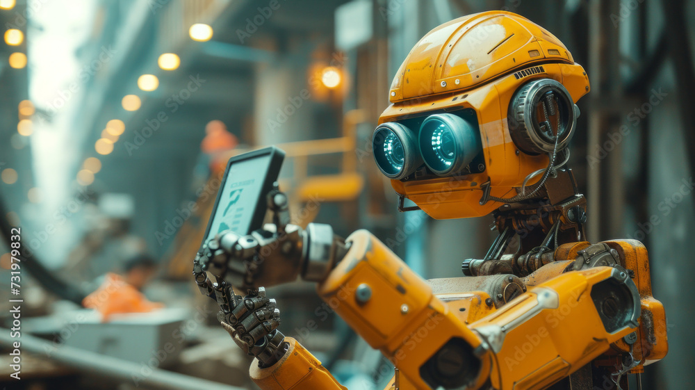 Poster sci fi robot engineer and a man inspection construction work with a robot worker and construction si