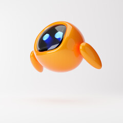 Cute robot flying with hands behind isolated over white background. Technology concept. 3d rendering.