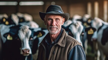 Fototapeta premium Man in a hat standing in front of a herd of cows.