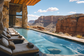maison luxueuse avec piscine à débordement et plage pour les transats avec vue sur le canyon d'un désert en Arizona, USA.  - obrazy, fototapety, plakaty