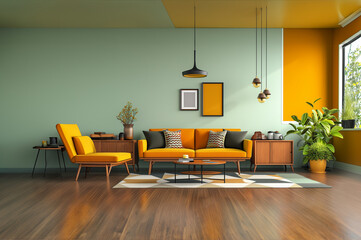 salon très coloré dans les tons orange et vert amande, avec des meubles des années 70s. sofa, coussins, lampes suspendues et 2 tableaux Mock-up